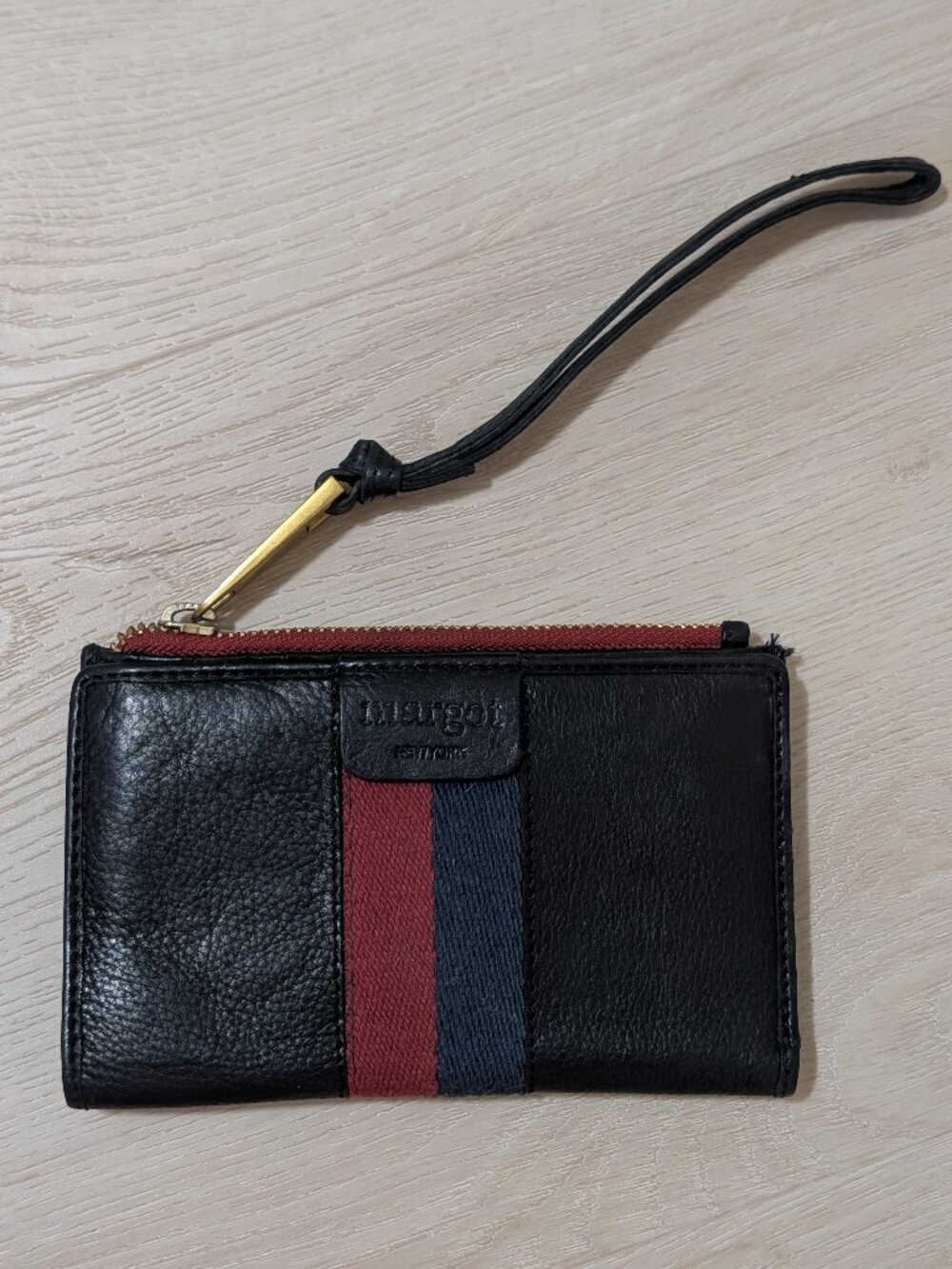 Margot New York Black Leather Wristlet Wallet with Red & Blue Striped Webbing